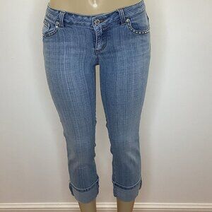 Y2K Size 5 So BoomBoom Blue Denim Cuffed Jean Capri With Stones On Pockets.